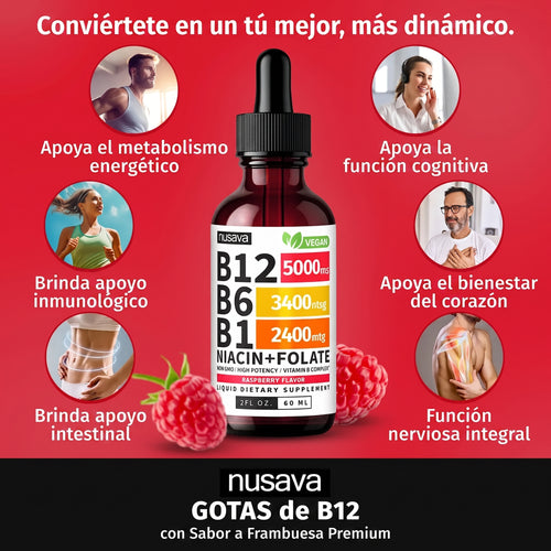 Gotas de suplemento líquido de vitamina B12, B6, B1, niacina y ácido fólico, 60ml